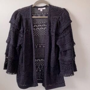NWOT. Chico's Navy Tiered Fringe Sleeve Cardigan